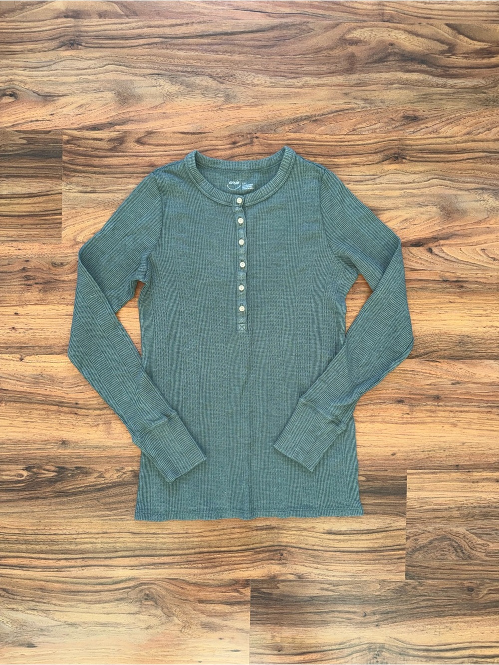 aerie Green Henley Waffle Weave